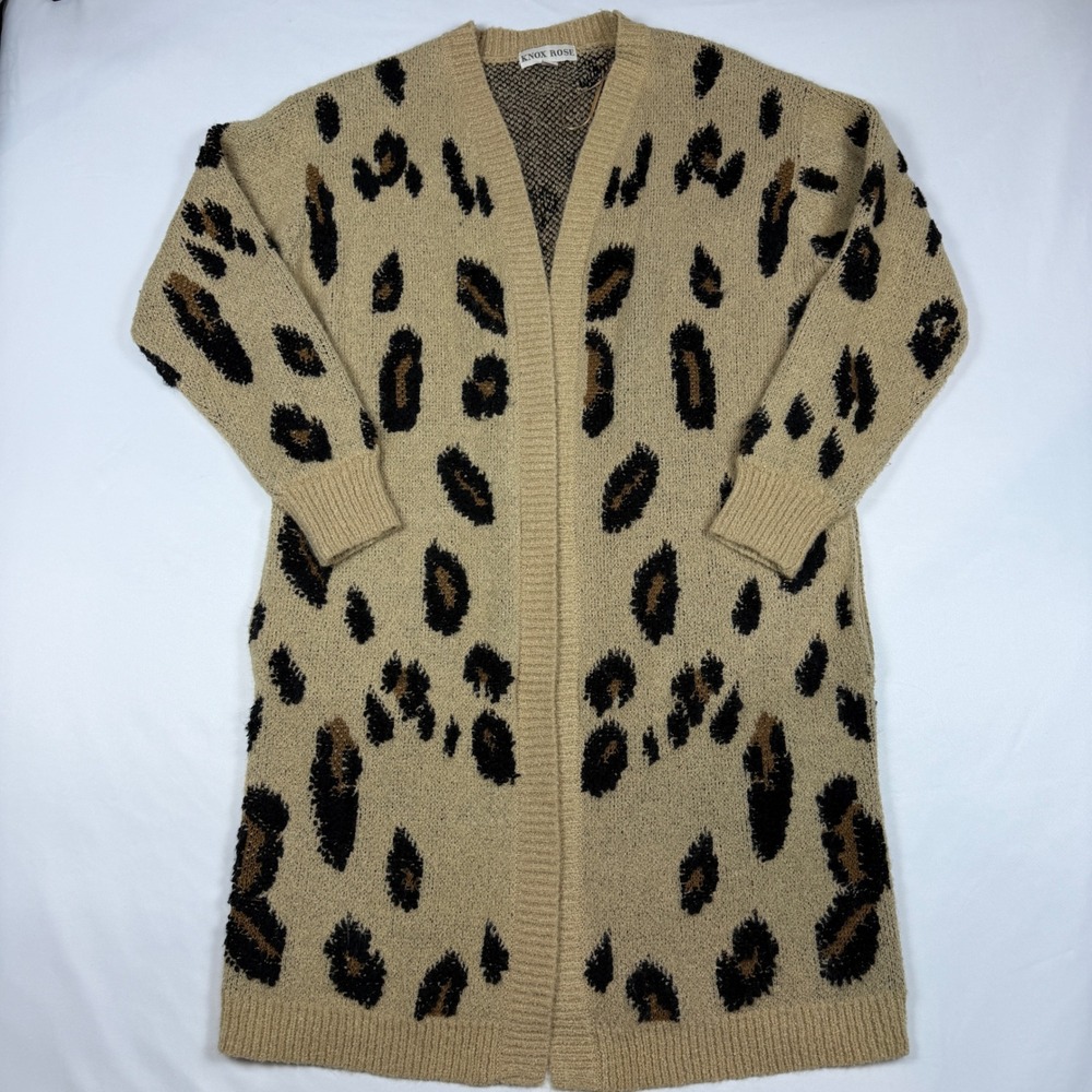 Knox Rose Cardigan Women M Tan Leopard Longline Duster Open Front Pockets